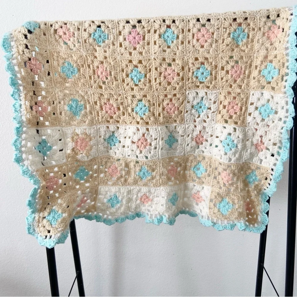 Vintage crochet knit throw blanket pastel baby nursery